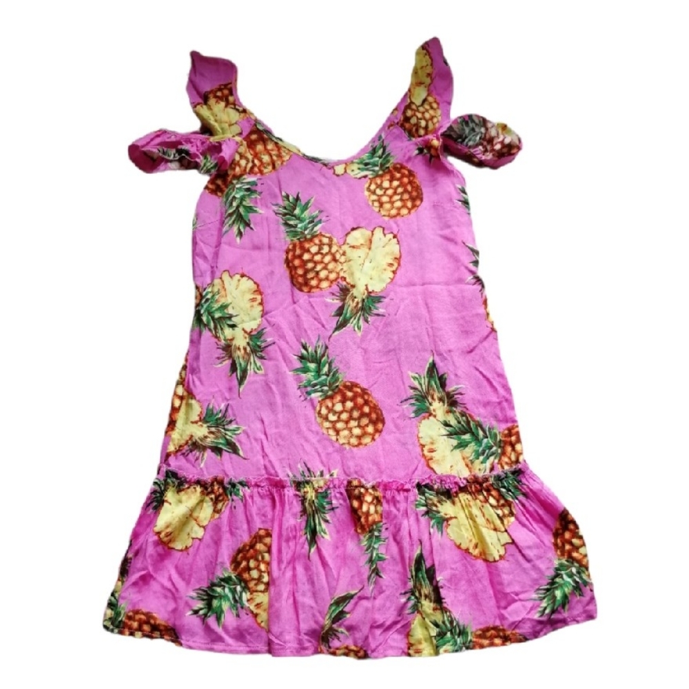 SOLITAIRE SWIM Pink Pineapple Cover Up Cold Shoulder Ruffle Dress XS